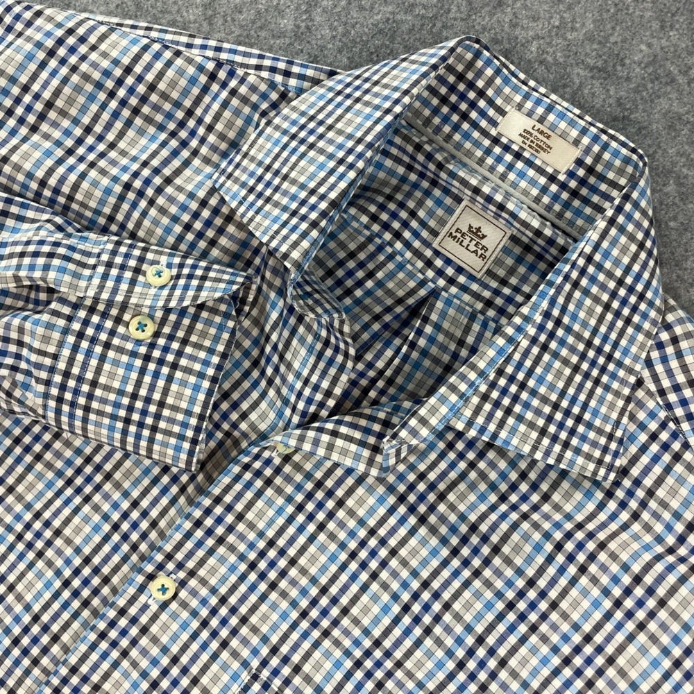 Peter Millar Mens Button Down Shirt L Blue Plaid Long Sleeve Up Comfort Golf